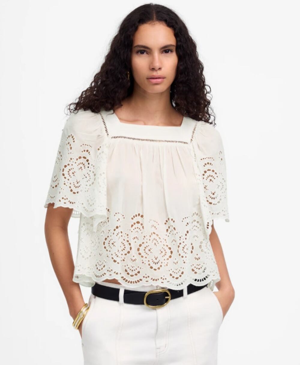 Madewell Flutter-Sleeve Top Sz XS White Eyelet Embroidery Square Neck Scalloped